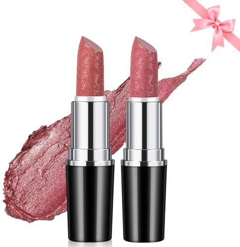 Likesing 2 Stück Glitzer Lippenstift Set Lipgloss 24 Stunden Halt Matte Lipstick Lip Gloss Long Lasting Lippenstift Pink Roter Nude Lip Balm Make up Damen Frauen Lipgloss Geschenk