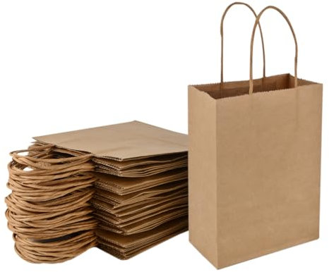 CLTPY 50 Klein Papiertüten mit Henkel,15 X 8 X 21cm Papiertüten Kleine,Papiertragetasche mit Kordelgriff,Kraftpapier Tüten,für Hochzeiten,Weihnachten,Geschenkverpackung