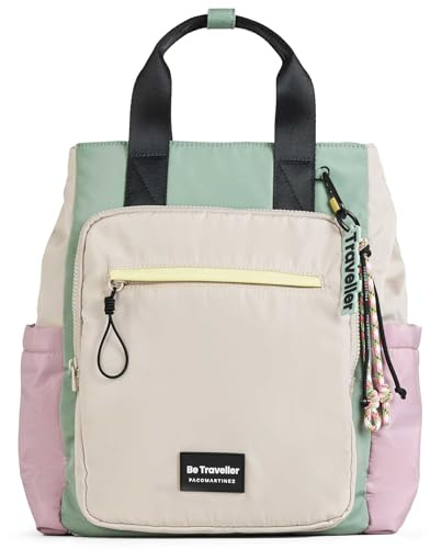 PACO MARTINEZ Mochila Traveller Multicolor para Mujer, Bolso Mochila para Portátil 13, Tamaño Grande, Asas Dobles, Color Gris, Malva, Verde Menta y Amarillo - 37x42x22 Centímetros