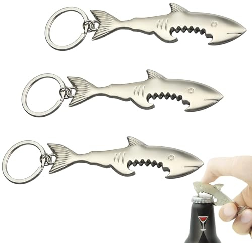 UILYNIU 3 Stücke Flaschenöffner Schlüsselanhänger Shark, Bieröffner für Küche Bar Restaurant - Bottle Opener Keychain mit Schlüsselring (Silber)