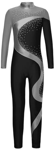 Yruioon Barn gymnastikdräkt flickor långärmad gymnastikdräkt glitter balettdräkt färgblock helkropp tröja konståkning kropp sport overall jumpsuit, Grå och svart, 158-164