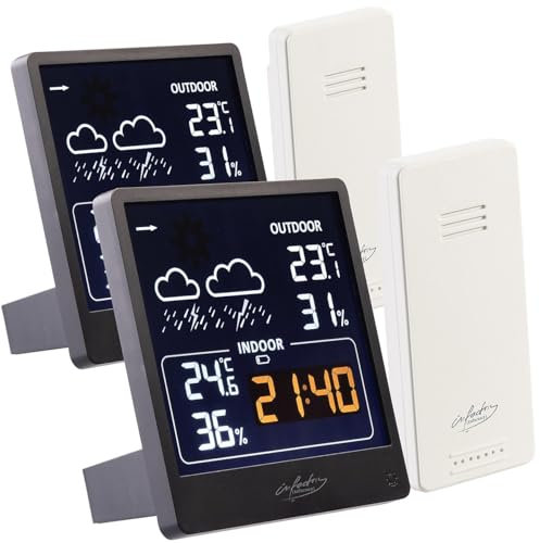 infactory Thermometer-Barometer: 2er-Set Wetterstation mit Außensensor, VA-Farbdisplay, schwarz (Thermometer Hygrometer Uhren, Digital Küche, Uhr)
