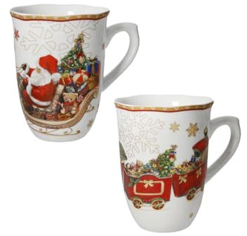 BRANDANI Set 2 Mug Tazza Colazione Tisaniera Christmas Natale 89903 Bianco Rosso Babbo Natale Slitta 350ml