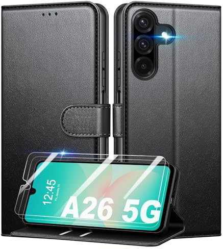 Mofurd Coque pour Samsung Galaxy A26 5G + 2 Pièces Verre Trempé, [RFID Blocage] Étui de Protection Housse Premium en Cuir PU, [Fentes pour Cartes] Pochette de Portefeuille Etui à Rabat - Noir