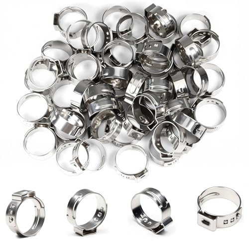 55Pcs Single Ear Hose Clamps 15mm-17.5mm (1/2) 304 Stainless Steel Hose Crimp Clamps Ear Stepless Hose Clamp Pinch Clamps Perfect for Automotive, Home Appliance Line and Plumbing