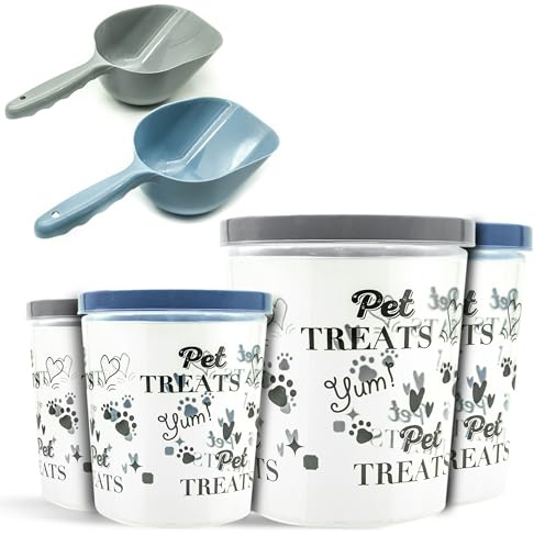 (Set of 2) - Pet Storages Container with 1x Feeding Scoop – Cat & Dog Food Storage Box – Candy Jar, Tin, Tub for Dogs, Cats – Pets Treat Containers with Airtight Lid (Blue/Grey, (2+5) Litre)