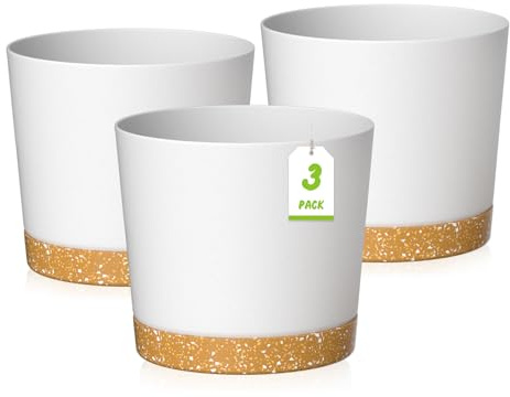 ZMTECH 25 cm växtkrukor, moderna planterare med dräneringshål och avtagbart fat, plastblomkrukor för växter för hus trädgård fönsterbräda (set med 3, vit)