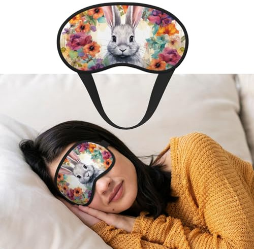 Augenmaske zum Schlafen, atmungsaktiv, lichtblockierend, Schlafmaske, Aquarell, Kaninchen und Blumen, Nacht-Augenbinde, weich, bequem, Nacht-Augenschutz, für Männer und Frauen, Augenabdeckung für