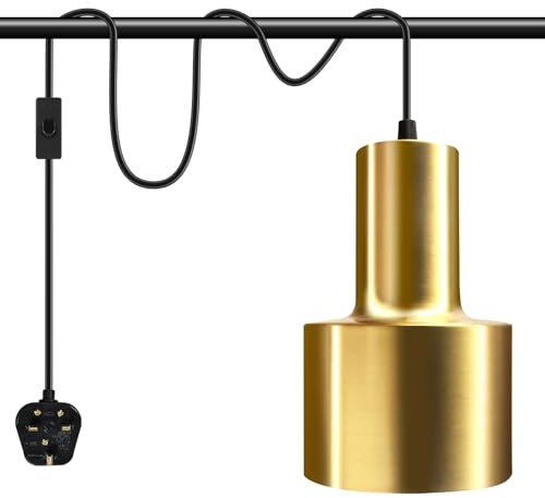 Vintage Brass Pendant Light Fitting, 450 cm Industrial Hanging Lamp with Plug in Cord, E27 Lamp Holder with Switch and Plug, Modern Gold Plug in Ceiling Light Fixtures for Bedroom Kitchen, No Bulb