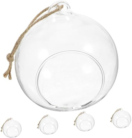 MAGICLULU Bougeoir Suspendu en Verre Sphérique 8 Cm Ouverture 4,5 Cm, Photophore Transparent, Terrarium Suspendu Déco Mariage Et Jardin, Lot De 5 Corde en Jute 1,2 m