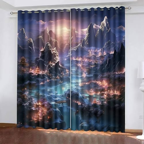Genérico Cortinas Opacas 2 Piezas W120 x H140 cm 3D China Paisaje Arquitectura Patrón Opaco Termica Aislante Anti Luz Frío Curtain Blackout con Ojales para Dormitorio Sala Interior Ventana Decorar