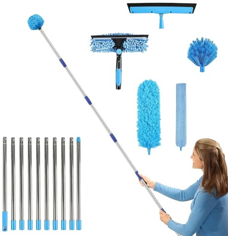 4.2M/13.7FT Telescopic Long Reach Window Cleaner Kit, Multi-Function Cleaning Equipment, Window Cleaning Kit with Squeegee, Cobweb Brush, Duster & Gap Brush for High Windows, Car Glass