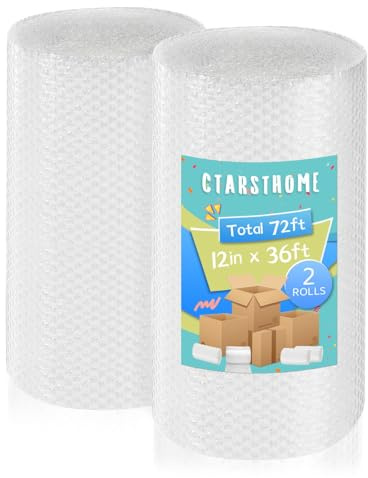 2 Pack-12inchx72ft Total 3/16 Air Bubble Cushioning Wrap Roll, Bubble Wrap for Protection Packaging Mailers, Nylon Wrap Rolls Moving Cushioning Supplies for Moving/Insulation, Perforated Every 12”