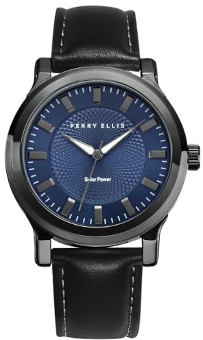 Perry Solar Men’s Watch – Round Blue Dial, Black Leather Strap, Water-Resistant Analog