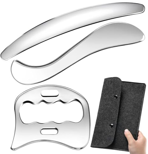 Gua Sha Edelstahl 3 in 1 Gua Sha Schaber Faszienschaber Faszien Tool zum Reiben Muskel Faszien Schaber mit Filz-Aufbewahrungstasche für Beine Rücken Gesicht Nacken