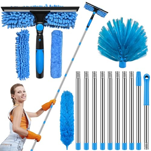 14.8FT(4.5m) Window Cleaning Equipment, 4 in1 Extendable Telescopic Long Window Cleaner Pole with Silicone Squeegee windows Glass Cleaning Tool Kit Detachable Handled for Shower Glass,Car