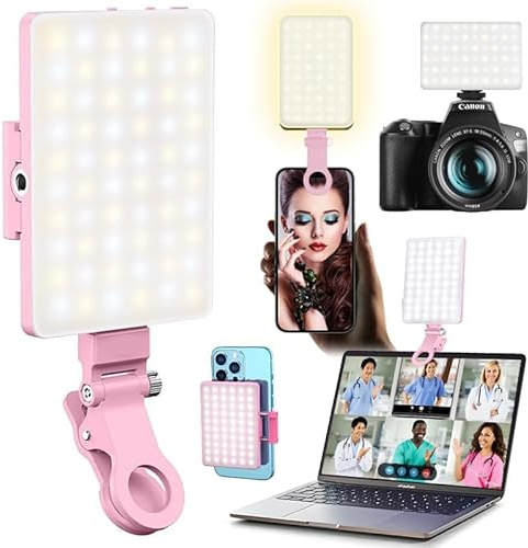60 LED Portable Selfie Light Video Conference Lighting with Clip & Camera Tripod Adapter Rechargeable 2000mAh CRI 97+, 3 Light Modes for Phone iPhone Webcam Laptop Photo Makeup (Pastel Pink)