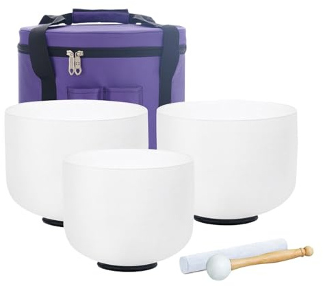 Kristall klangskål set med 3 frostade vita kristallklangskålar 440 Hz, meditation med gratis bärväska 30,5 cm(slumpmässig lila väska)