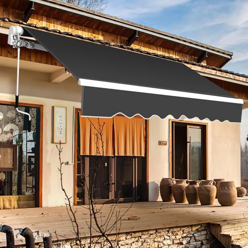 Peviasot Gelenkarmmarkise, 350x300cm Manuelle Markise mit Handkurbel, Sonnenmarkise Winkel Einstellung bis 30 Grad, Sonnenschutz Wasserschutz inkl. Wandhalterung, Grau