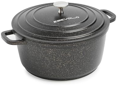 ESEVOLO Cocotte Fonte Induction 20cm Faitout Rond 2,5L en Fonte d’Aluminium | avec Revêtement Antiadhésif, Marmite avec Couvercle, Idéale pour Soupe, Ragoûts, Pain, Four et Gaz, Noir