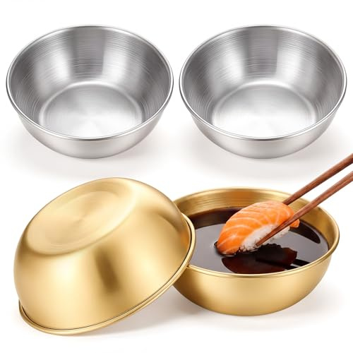 Alrhso 4 Pcs Small Bowls 8.5cm Soy Sauce Dish Mixing Dip Bowl Mini Prep Bowl Metal Individual Round Seasoning Bowls Reusable for Appetizer Nibbles(Gold, Silver)
