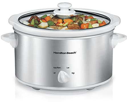 Hamilton Beach 4-Quart Slow Cooker with 3 Cooking Settings, Dishwasher-Safe Stoneware Crock & Glass Lid, Stainless Steel (33140G)
