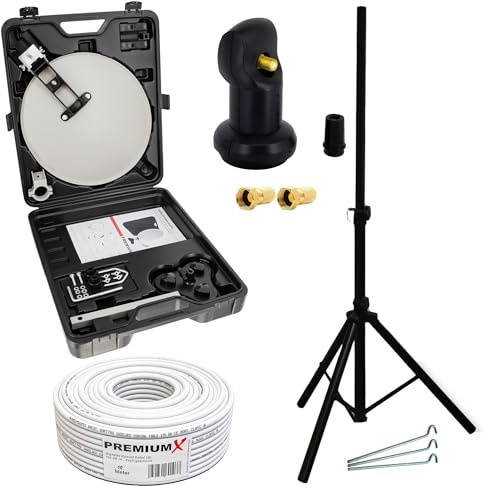 PremiumX Camping Satelliten-Anlage Mobile Satellitenschüssel SAT TV Single LNB 10m Kabel 2X F-Stecker Koffer Camp Stativ