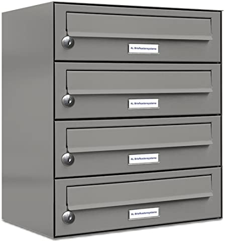AL Briefkastensysteme 4er Briefkastenanlage Aluminiumgrau RAL 9007, Premium Briefkasten DIN A4, 4 Fach Postkasten modern Aufputz