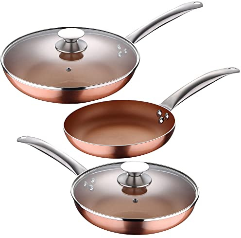 SAN IGNACIO Optimum Copper | Sartenes Antiadherentes | Set de 3 Sartenes de 20/24/28 cms de Diámetro y 2 Tapas | Fabricadas con Aluminio Prensado | Revestimiento Multiclad | Todo Tipo de Cocinas