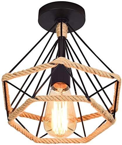 STOEX Lámpara de Techo Vintage Industrial Diamante Luz de Techo Colgante Retro Cuerda de Cáñamo E27 Plafón para Dormitorio Pasillo Loft Cocina Comedor Baño Corredor Bar, Negro