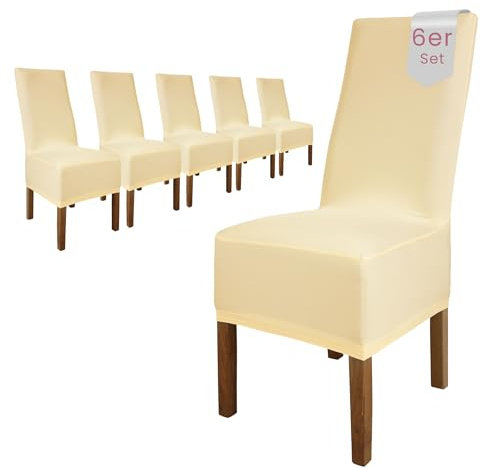 Scheffler Home Stuhlhussen 6er Set in Creme Stretch Lena | Elastische Stuhlbezüge, waschbar, bügelfrei und pflegeleicht, für Polsterstühle und Esszimmerstühle