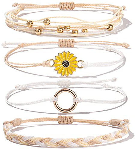 FANCY SHINY Sunflower String Bracelet Boho Braided Rope Wrap Bracelets Cute Summer Beach Surfer Jewelry for Women(Wheat)