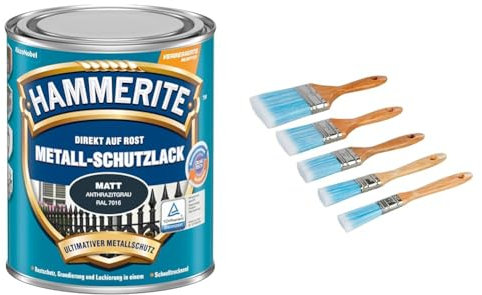 HAMMERITE Metallschutzlack 2in1 matt, anthrazitgrau, 750ml & Silverline 282408 Malerpinsel mit synthetischen Borsten, 5-tlg. Satz 5-tlg.
