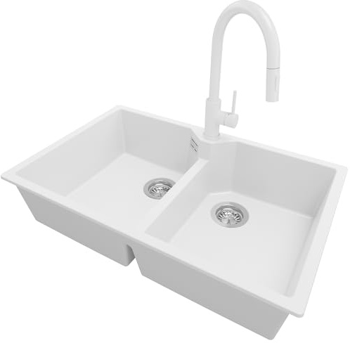PRIMAGRAN Lavandino da Cucina al Mobile 80cm + Rubinetto, 78x50cm | Set: Rubinetto BW9010 + Kit di scarico + Lavello in Granito a 2 vasche - Madrid Twin, Bianco