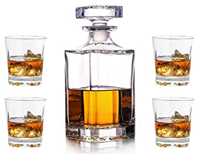 Whiskey Dekanter & Gläser Set, großes bleifreies Kristallglas, Verkostungsbecher Scotch Old Fashioned Glas, Weinflasche zum Trinken von Irish Whisky, Tequila (quadratisch, 1 Dekanter & 4 Gläser)