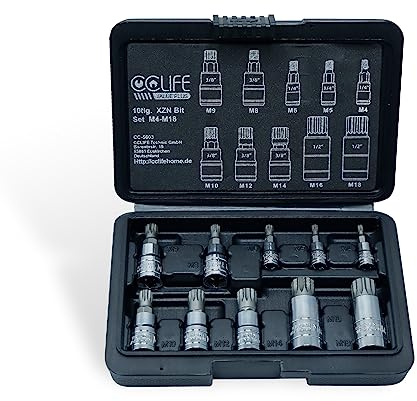 CCLIFE 10pcs Jeu de Douilles Torx embouts XZN M4 M5 M6 M8 M10 M12 M14 M16 M18 1/4 3/8 et 1/2 S2 avec Boite pour Stockage