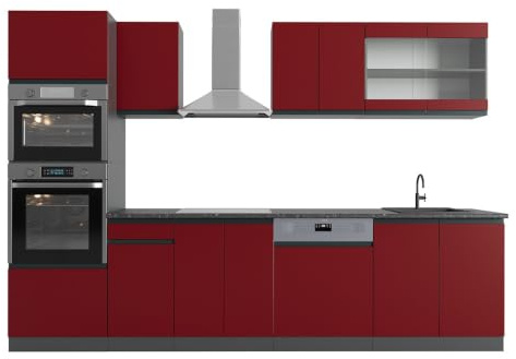Vicco Küchenzeile R-Line, Rot/Anthrazit, 300 cm | 8 Module · Höhenverstellbare Füße · Ohne Arbeitsplatte · Robuste Fronten · Mit Backofen-/Mikrowellenschrank