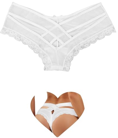 ohyeahlady Womens French Knickers Sexy Ladies Sexy Underwear Back Hollow Out Lace Thong Stretch Satin Panties White
