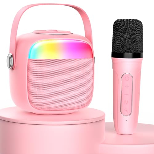JYX Mini Karaoke Machine avec 1 Microphones sans Fil pour Enfants Adultes, Enceinte Karaoké Portable pour La Communication arents-Enfants/Cadeaux D'accompagnement L'apprentissage Précoce Beige/Rose
