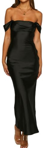 Realtix Elegant Satin Off The Shoulder Ruched Backless Maxi Dress for Women Strapless Tube Sleeveless Fitted Bridesmaid Dresses Black