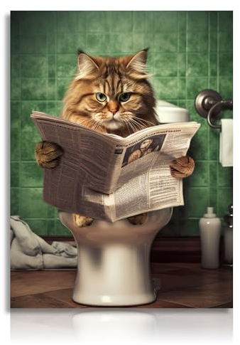 Poster da Parete per il Bagno, Gatto Divertente Seduto nella Toilette che Legge il Giornale, Stampe su Tela Verde Vintage Decorazione da Parete per la Toilette del Bagno 30x40 cm Senza Cornice