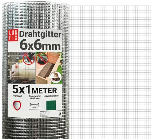Drahtgitter feinmaschig 6x6 mm 0,65 mm 1x5 m 100x500 cm Hasendraht | Wühlmausgitter Kaninchendraht Maschendrahtzaun Volierendraht Rödeldraht Kaninchenzaun Metall Hasengitter