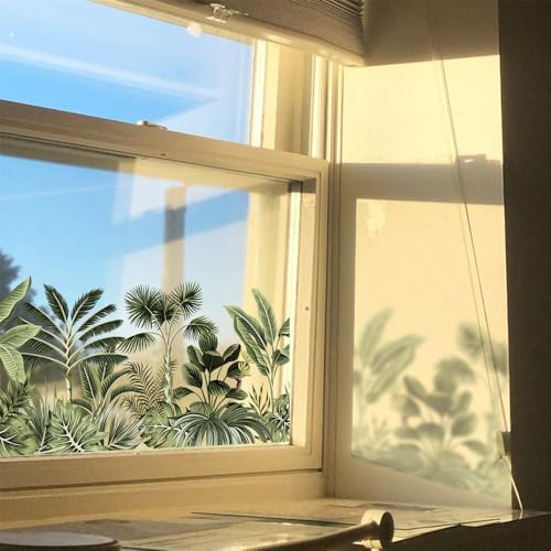 Fensterfolie Grüner Tropischer Dschungel Milchglasfolie ohne Klebstoff Fensterfolie Blickdicht Folie Fenster Sichtschutz Anti UV Klebefolie Fenster Büro Sichtschutzfolie Fenster 4Pcs (30x90 cm)