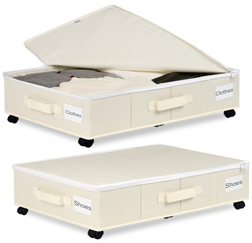 Vincona Under Bed Storage with Wheels, 2 Pack Under Bed Storage Containers with Label Holders for Clothes, Shoes and Blankets, Rolling Underbed Shoe Organizer with Cover, Beige (30.71x15.7x7.28 in)
