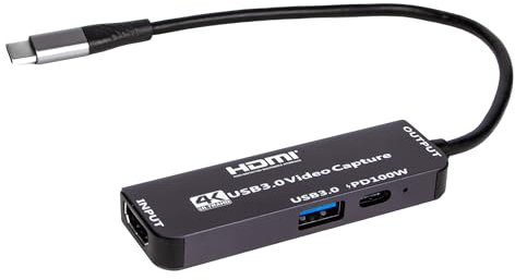Carte de capture vidéo, USB3.0 PD 100 W HDMI vers USB C, capture 4K 1080P 60FPS avec adaptateur de type C pour enregistreur vidéo en streaming en direct, compatible avec système Windows Mac OS