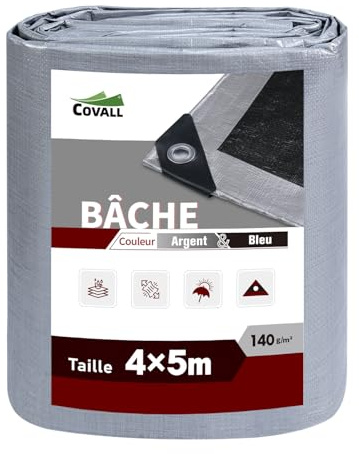 COVALL Tarpaulin Waterproof Heavy Duty 4m x 5m, 140GSM Groundsheet Tarp Cover for Outdoor, Camping Sheet, Multipurpose, Garden, Roof, Weatherproof UV Resistant Tear Proof (Silver/Black)