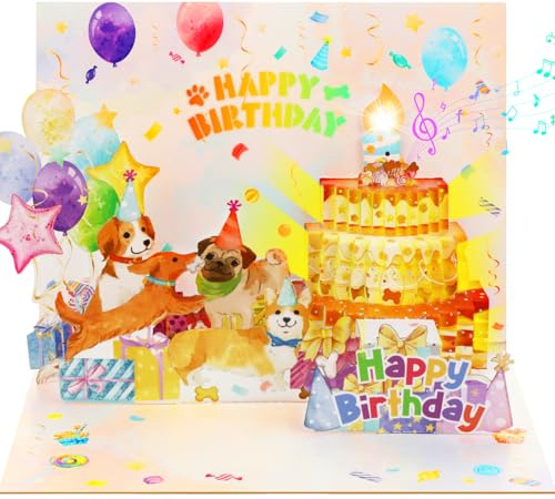 Geburtstagskarte mit Musik und Licht, Hunde 3D Pop-up Geburtstagskarte für Kinder, Happy Birthday Card, Geburtstagsgeschenke für Hundeliebhaber, Frau, Männer, Mütter oder Väter