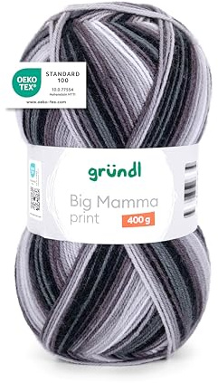Gründl Wolle Big Mamma Print XXL, Anthrazit-steingrau-mausgrau-weiß | XXL Wolle zum Stricken mit Farbverlauf - Weich und hautfreundlich - 100 % Polyacryl - 400 g / 1040 m - Nadelstärke 3,5- 4,5