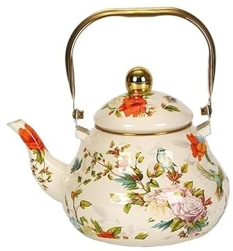XYUERU Vintage enamel tea kettle, coffee pot with handle, floral pattern, elegant thickened water tea in the household, for party, home tea, boiling water, coffee(1.5L)