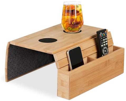 Tilizan Sofatablett Armlehne, Sofa Tisch Ablage, Sofa Armlehne Ablage mit Getränkehalter und Fächern, Faltbar Holz Couch Tablett, Geeignet zum Abstellen von Tassen, Tellern, Fernbedienungen mehr